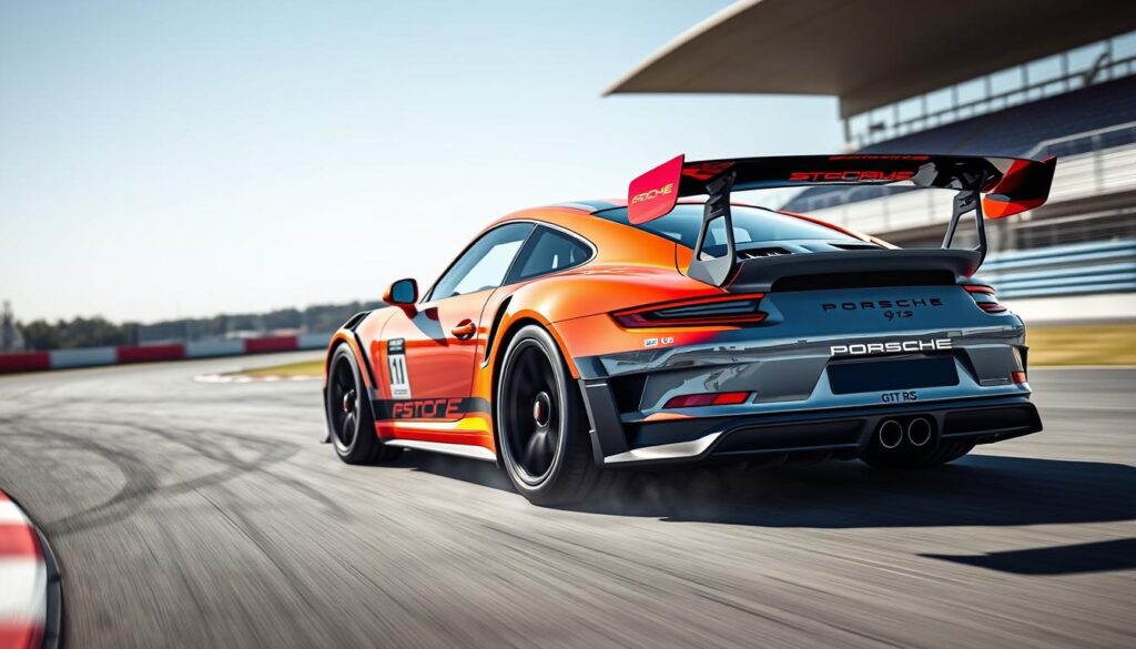 Porsche 911 GT3 RS in racing colors on track