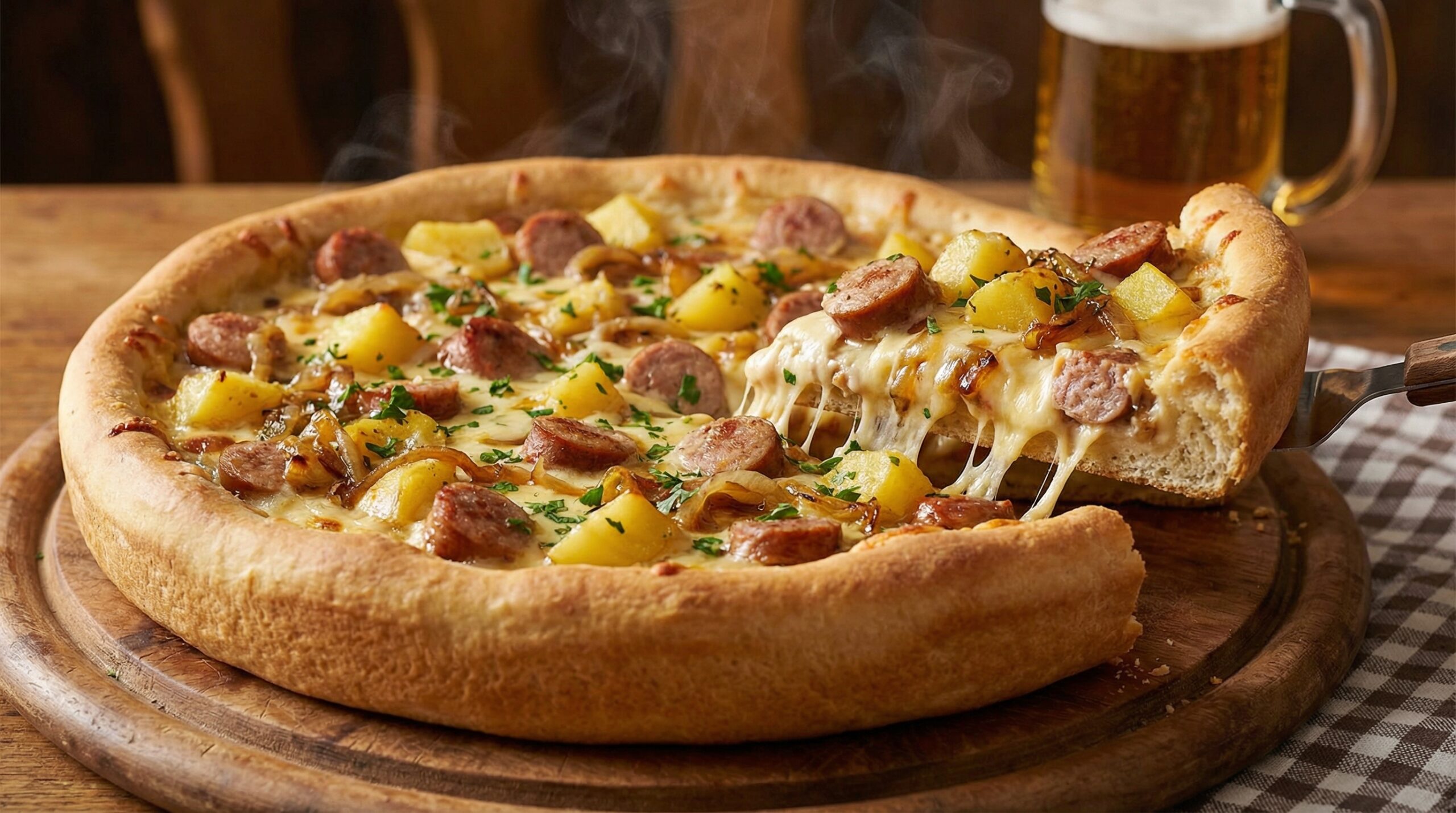 Немецкая пицца с братвурст колбасками и картофелем