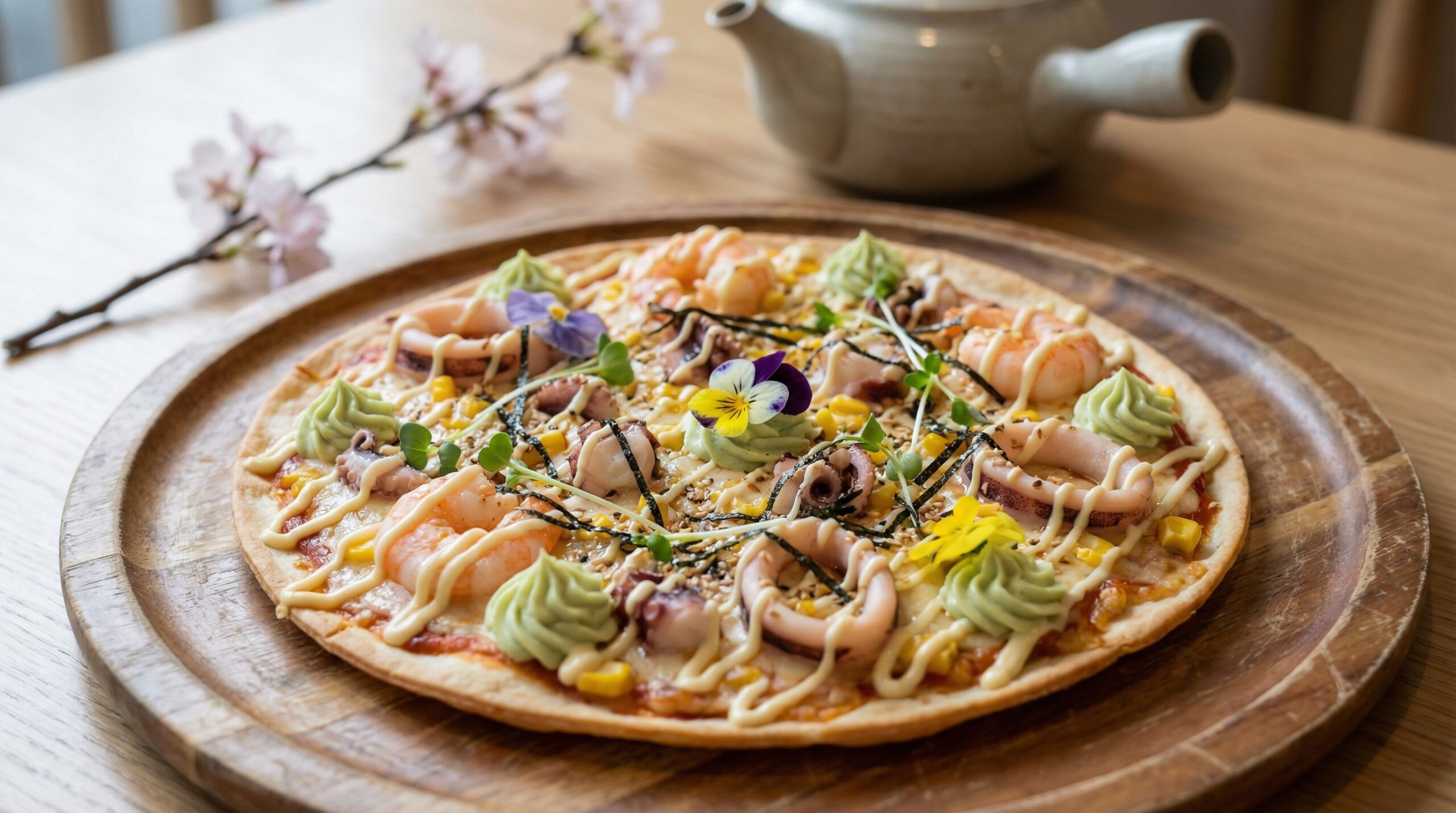 Японская пицца с креветками, кальмарами и соусом васаби-майонез