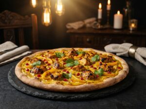 Desert Gold Pizza — Saffron cream, chicken tikka, golden peppers