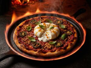 Flame of Burj Pizza — Spicy nduja, jalapeños, hot honey, burrata