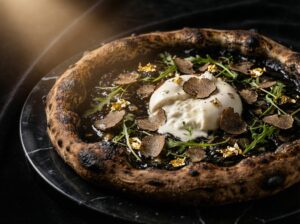 Midnight Black Pizza — Squid ink base, black truffle, burrata