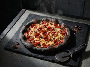Obsidian Pizza — Charcoal dough, beef pepperoni, smoked gouda