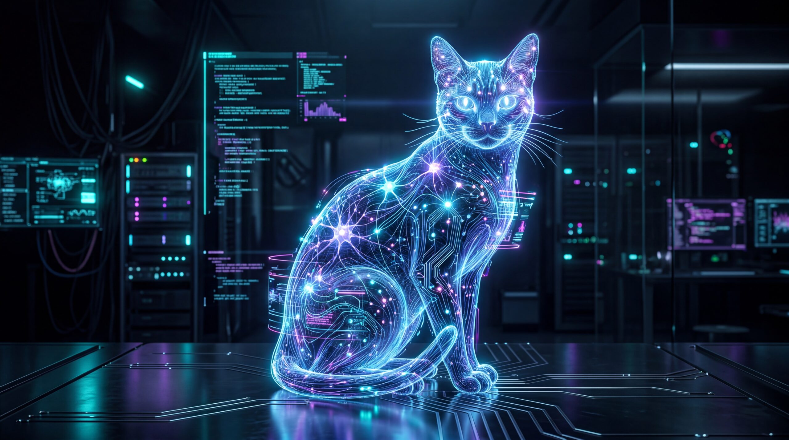 Футуристический нейрокот в цифровой лаборатории.