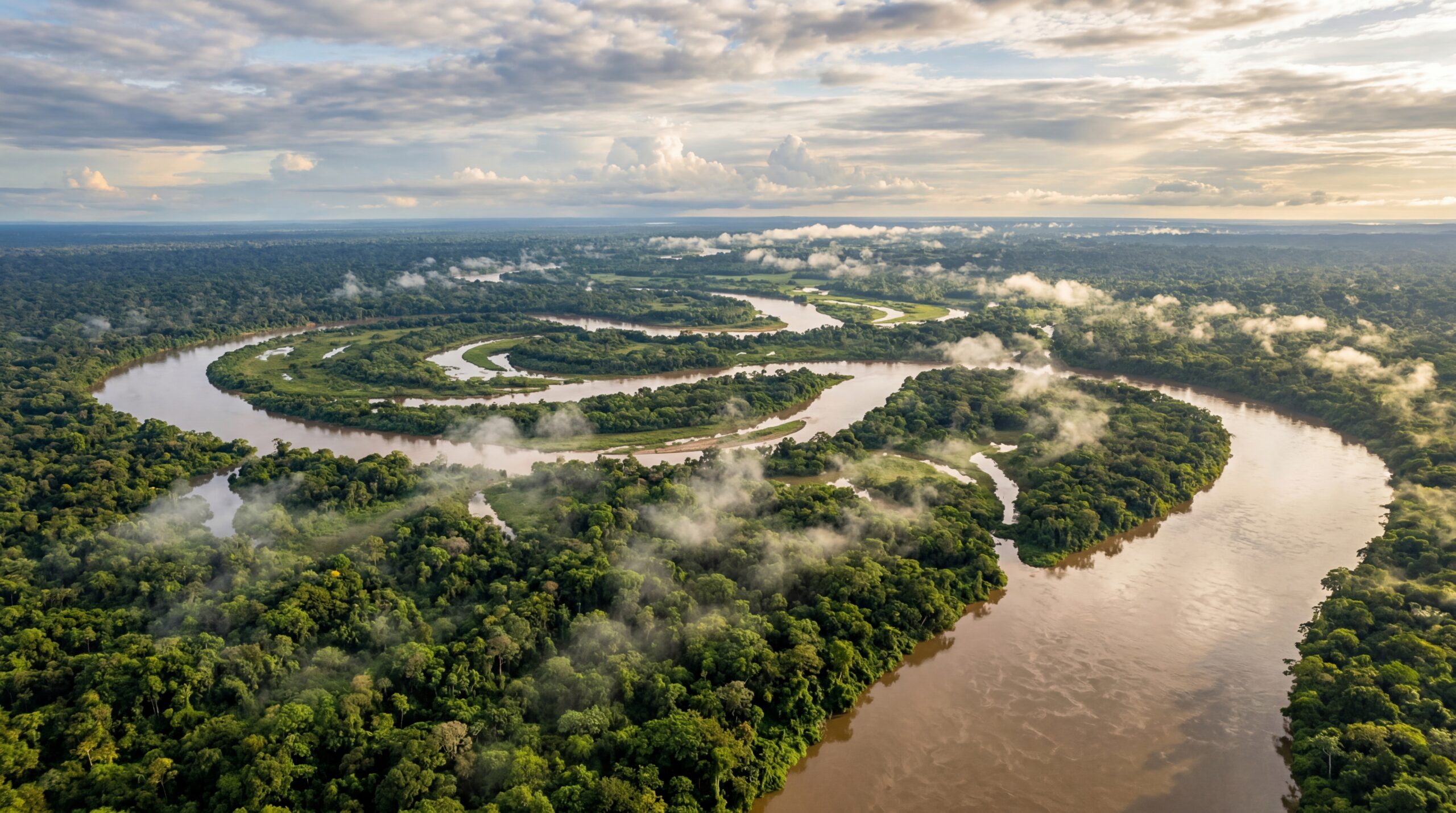 Аэрофото реки Амазонка в тропическом лесу