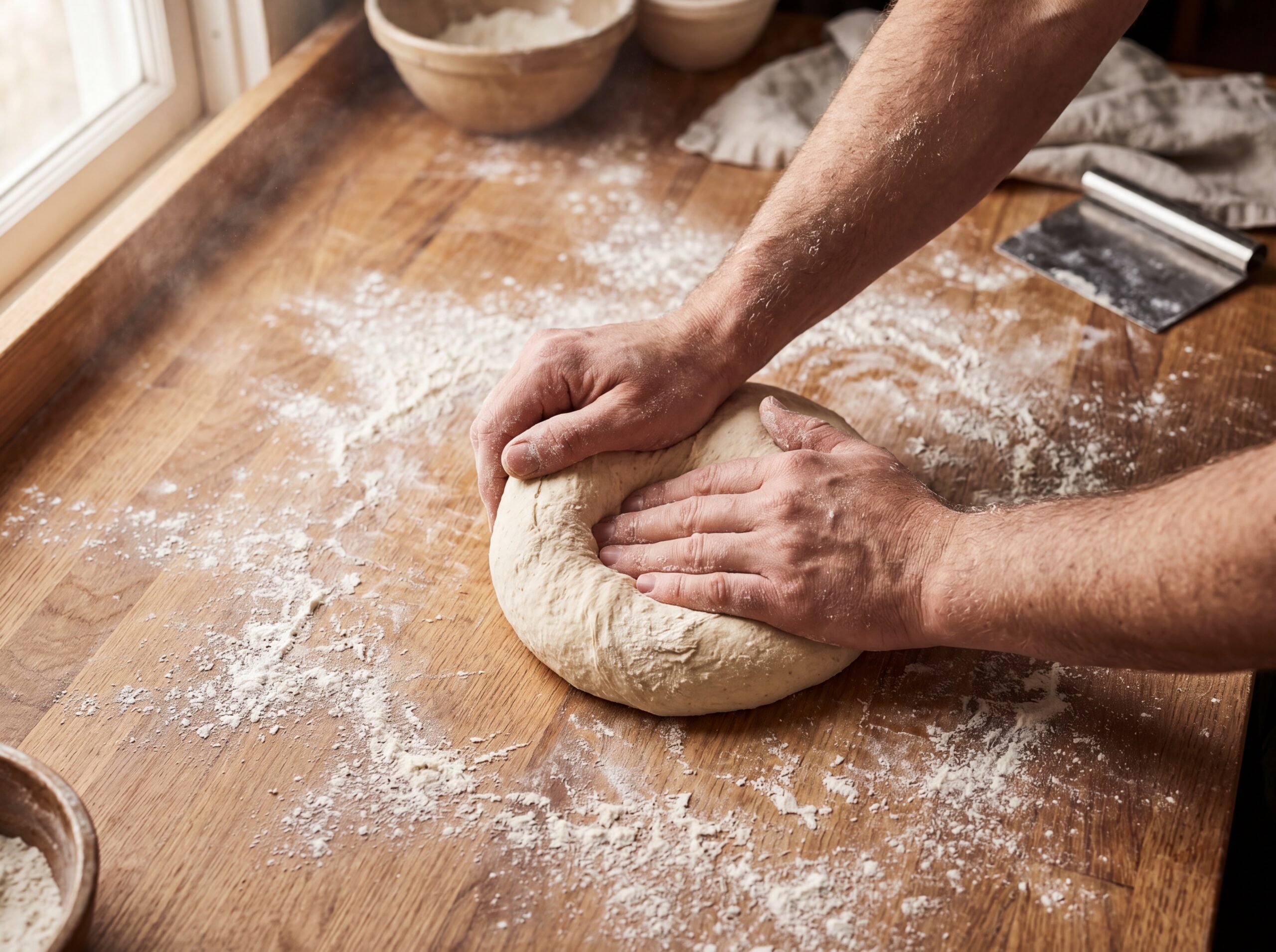 Hands kneading pizza dough on floured surface