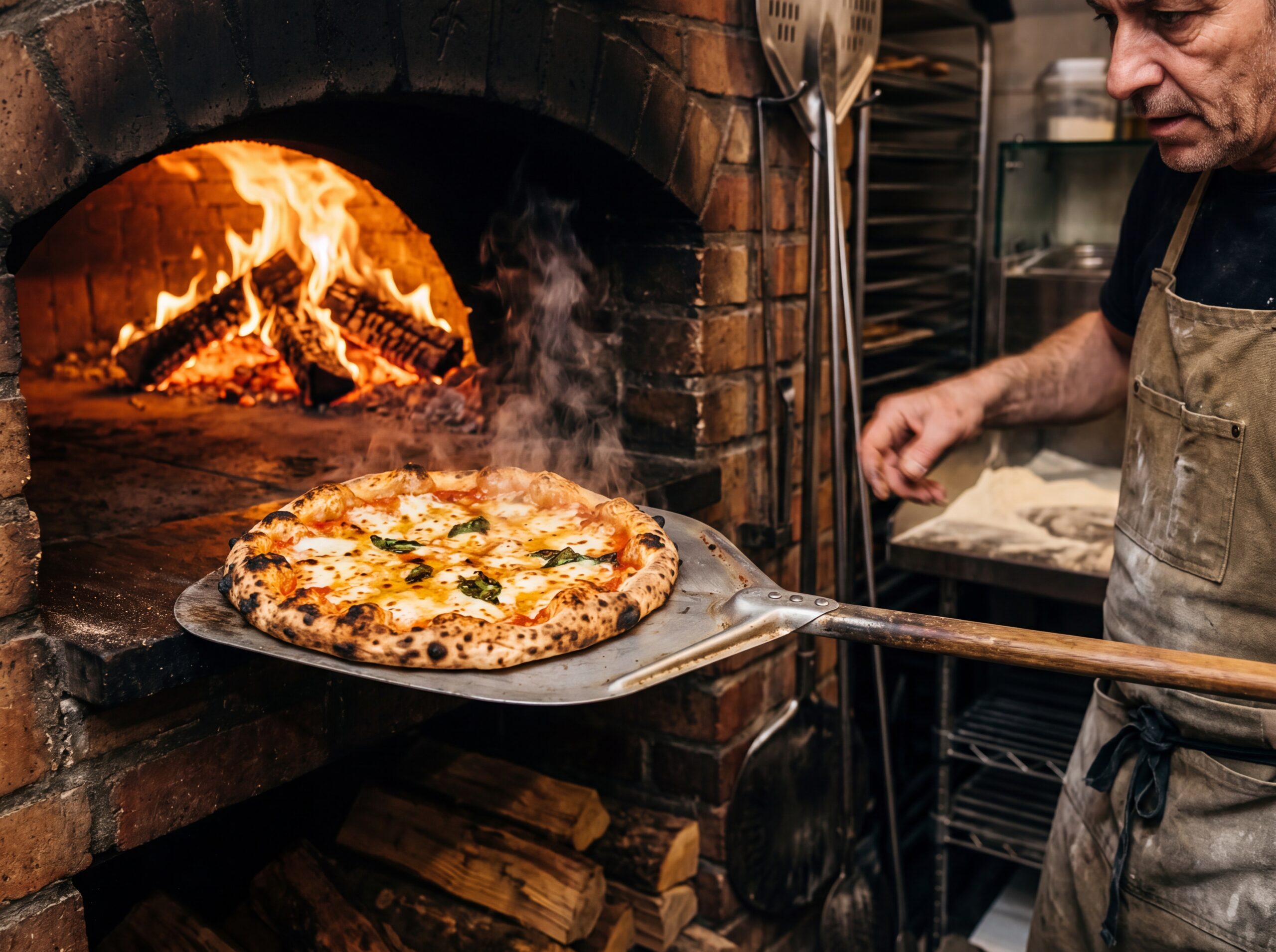 Hot pizza being pulled from wood-fired oven