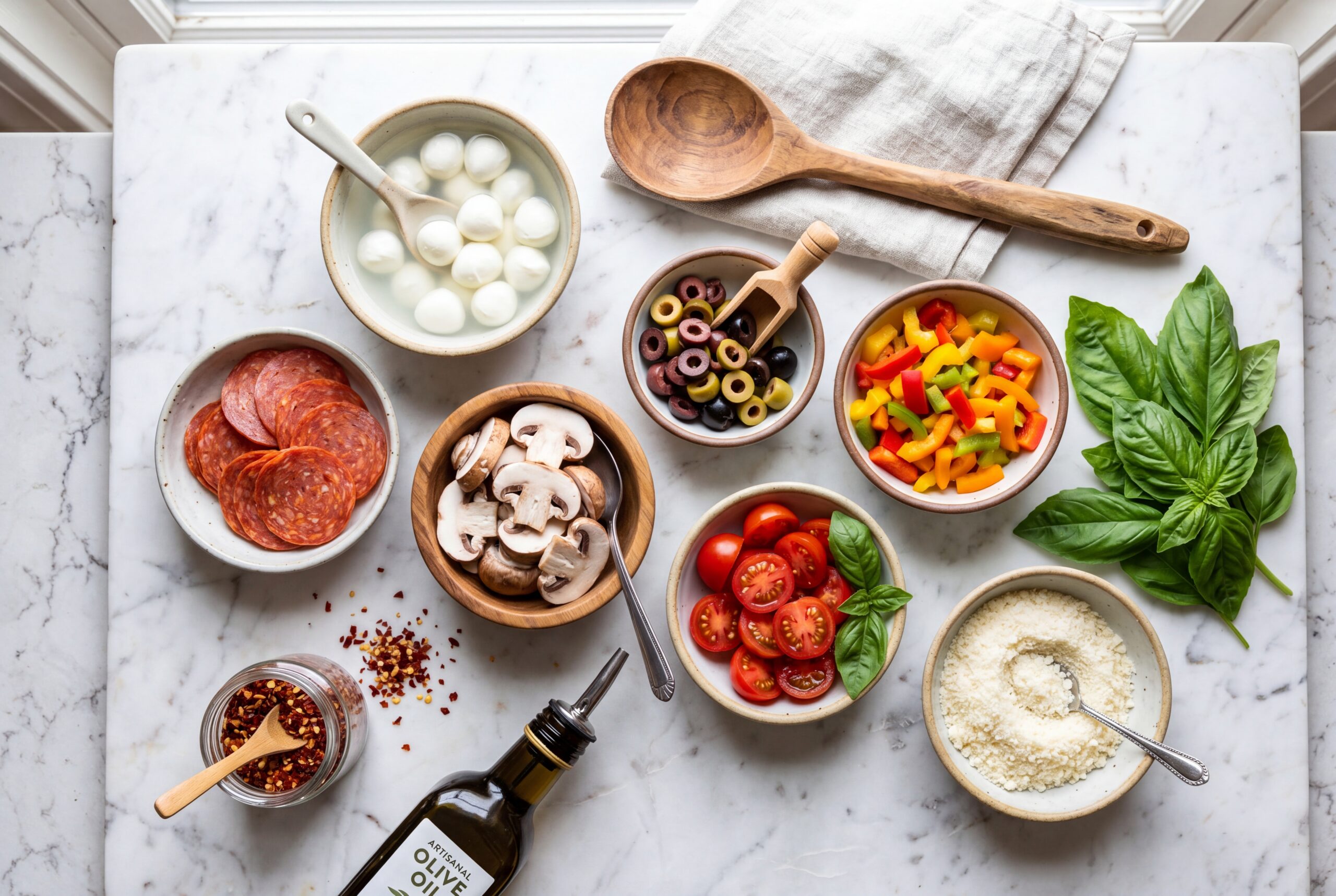 Colorful arrangement of fresh pizza toppings