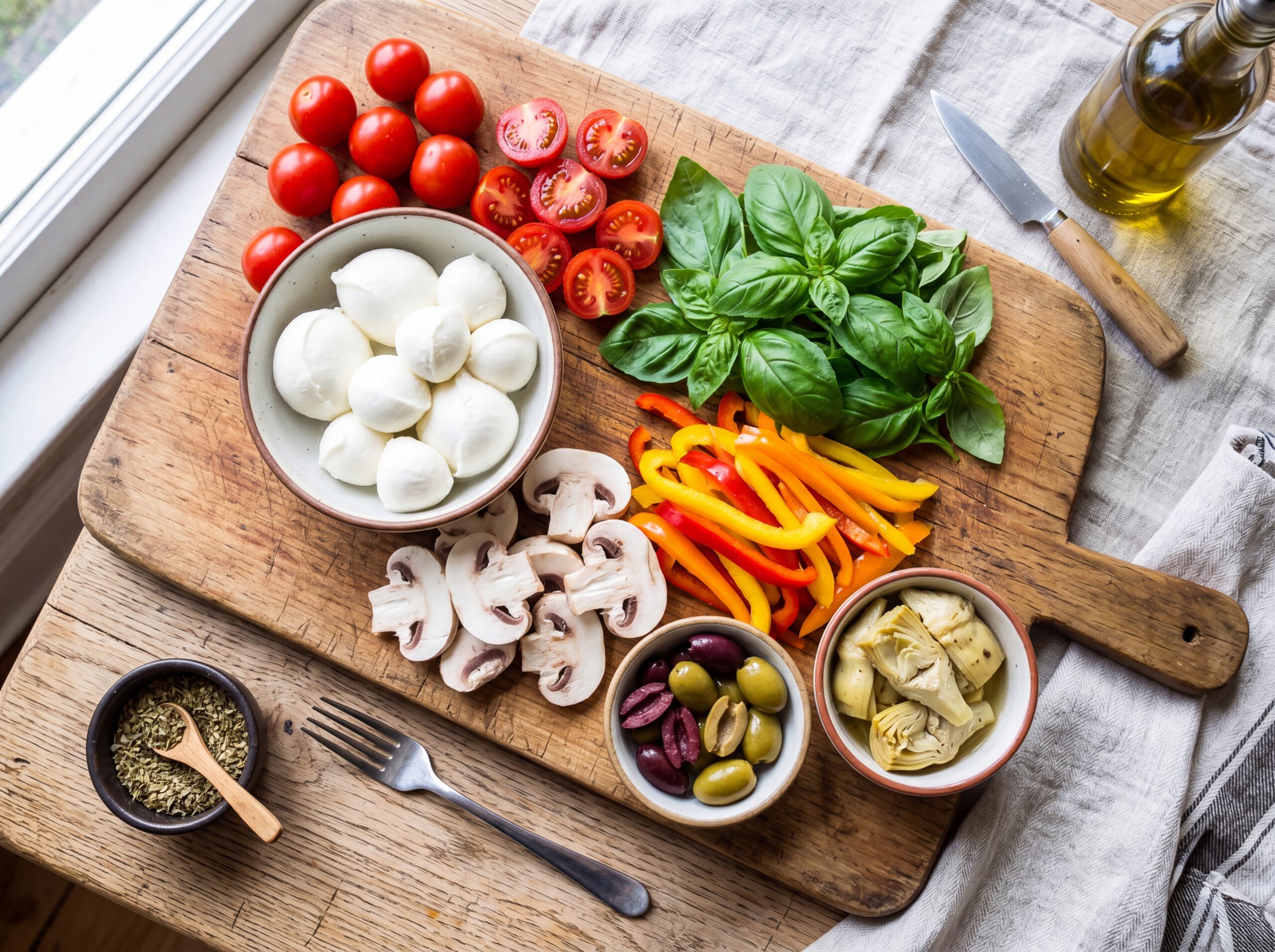 Fresh pizza ingredients arrangement
