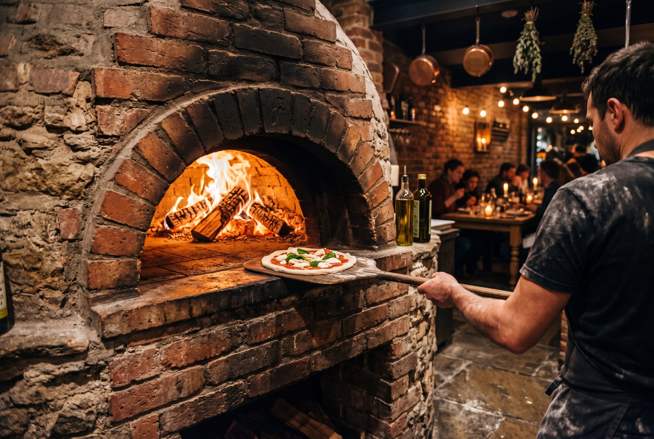 Traditional wood-fired pizza oven with flames