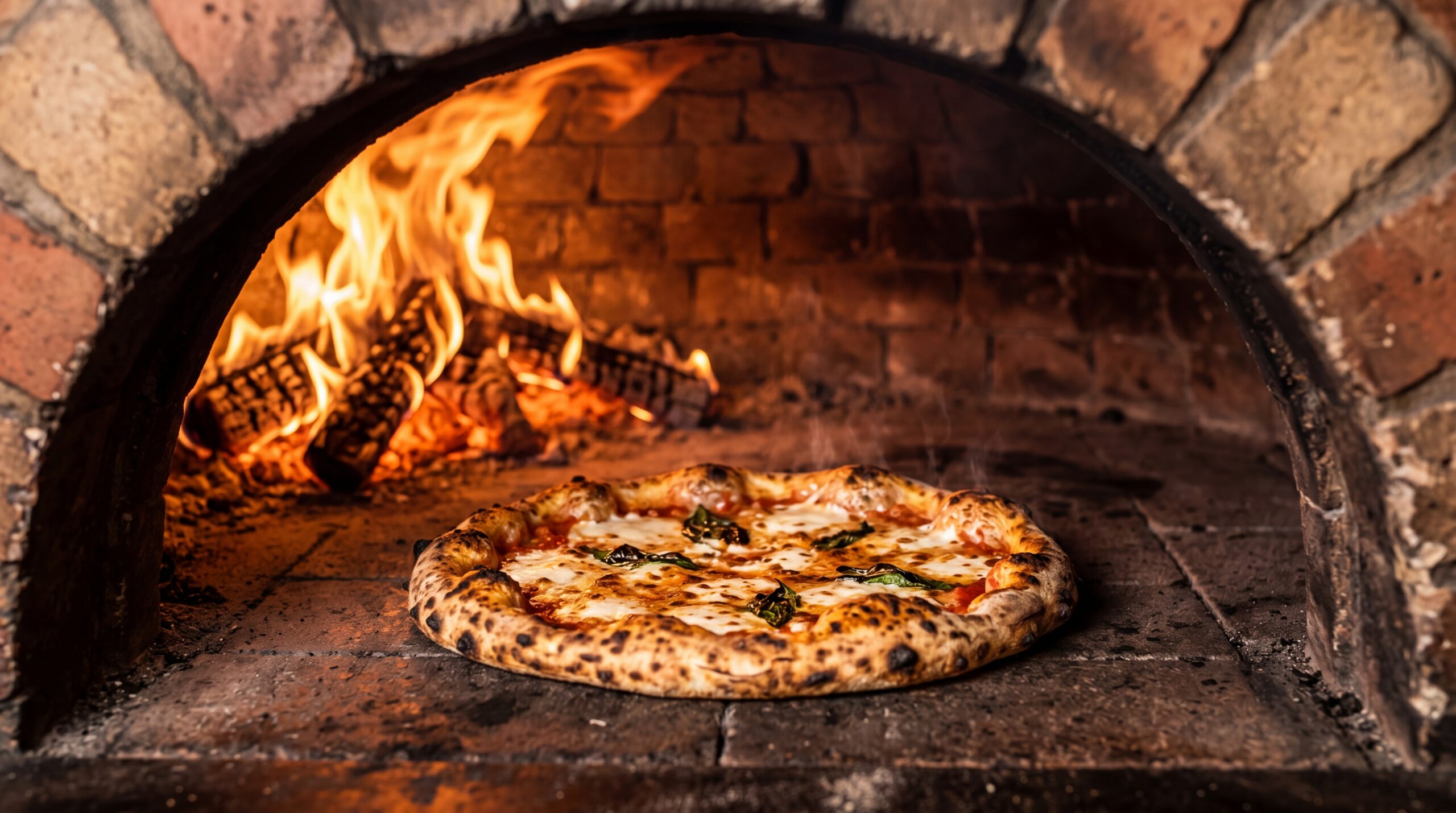Pizza baking in wood-fired oven