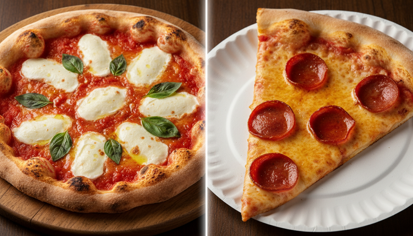Split image showing a Neapolitan Margherita on the left and a New York style pizza slice on the right