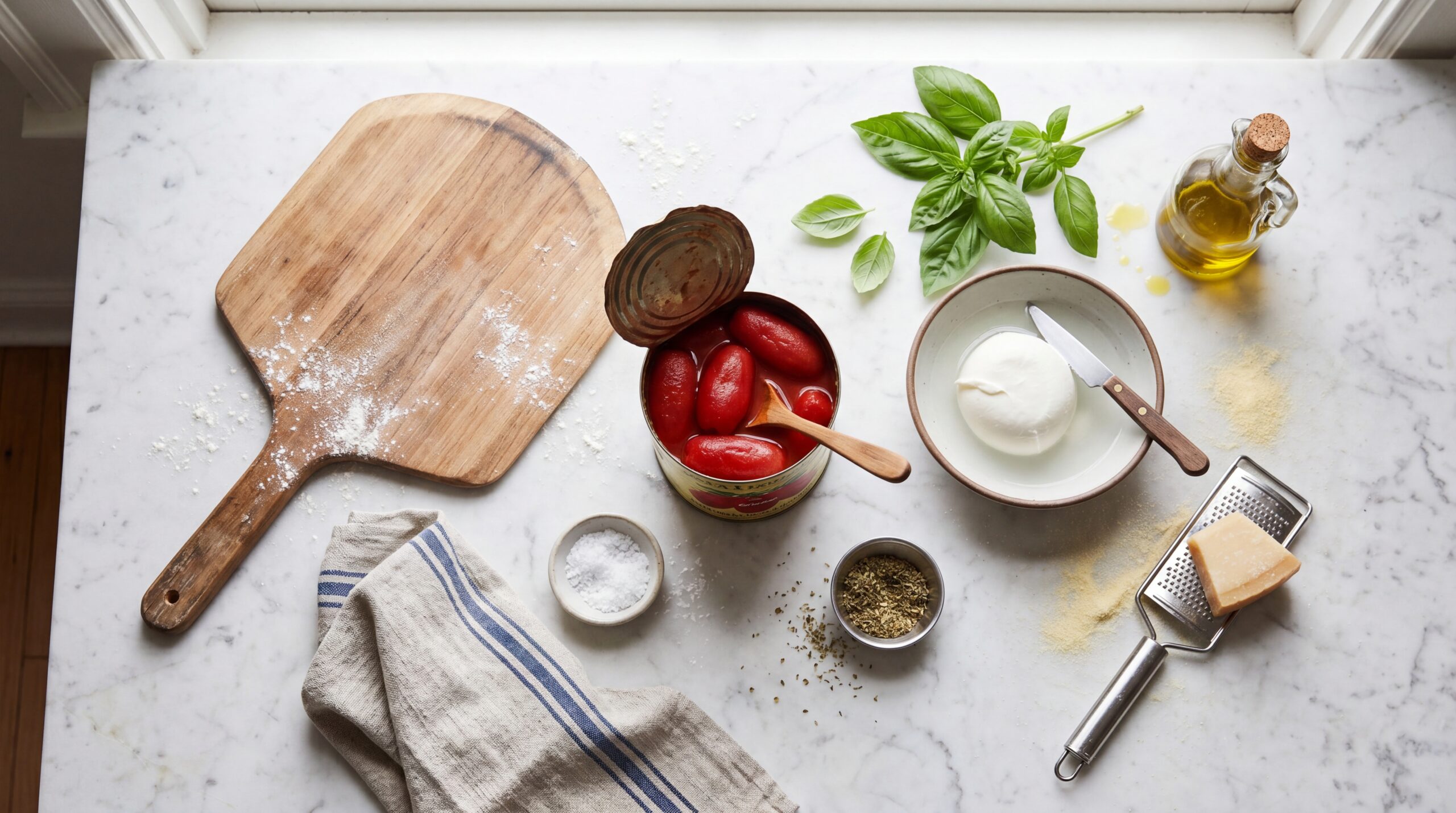 Fresh pizza ingredients on marble countertop