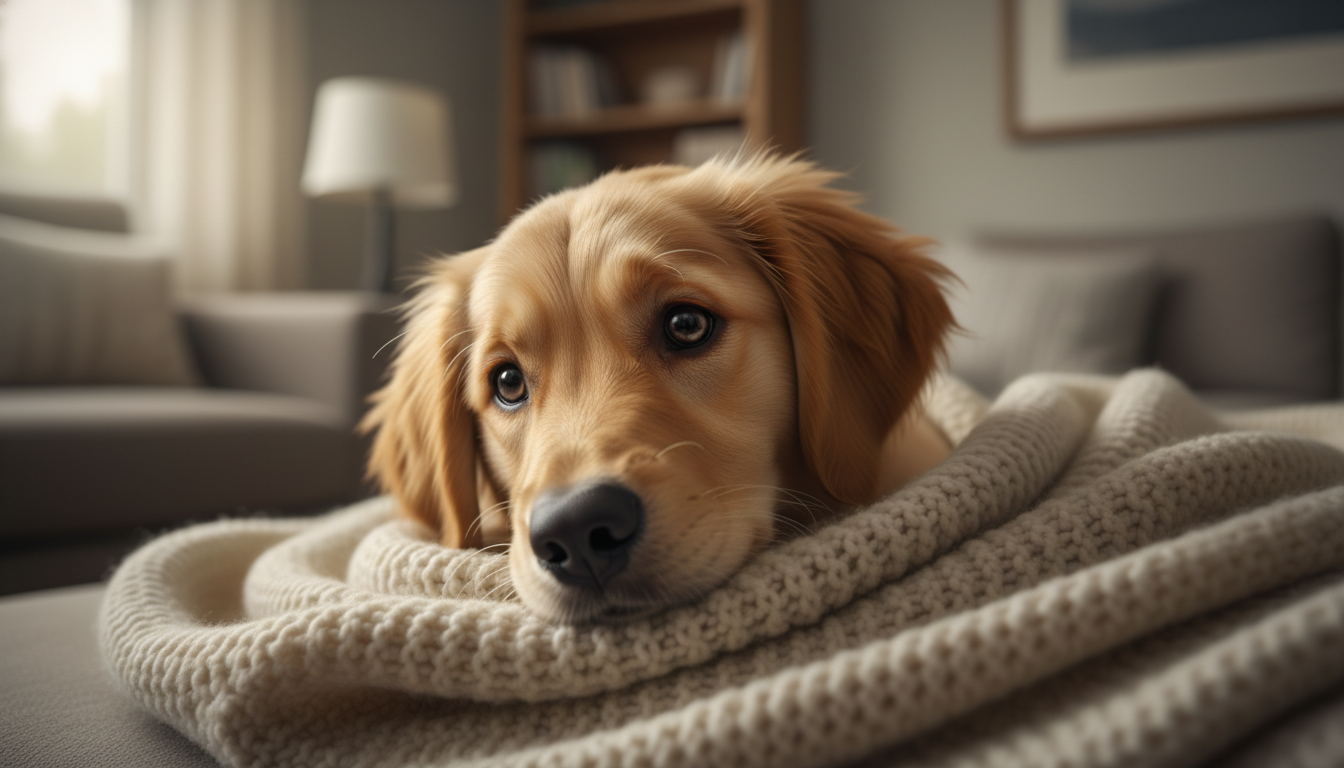 Щенок золотистого ретривера с большими глазами завернут в кремовое вязаное одеяло