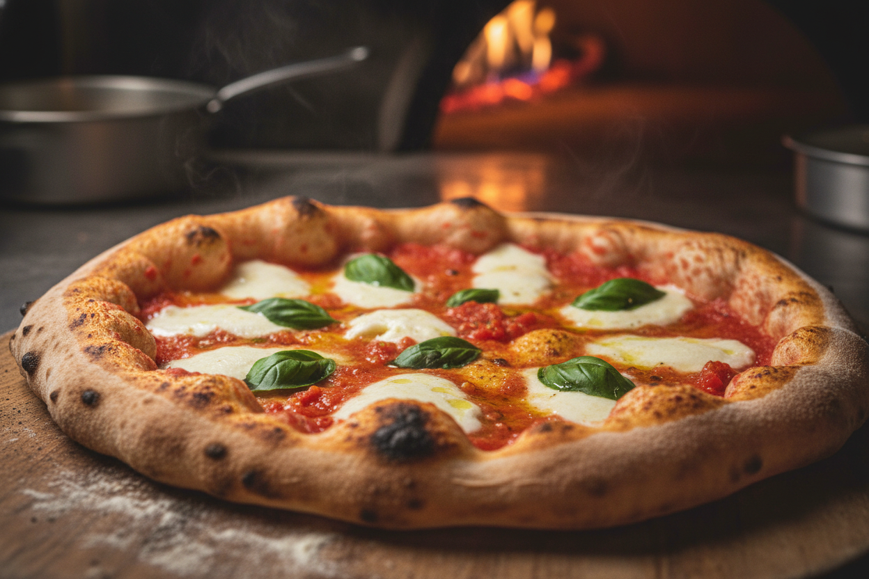 Close-up of a wood-fired Neapolitan Margherita pizza with leopard-spotted crust, San Marzano tomato sauce, mozzarella di bufala and fresh basil
