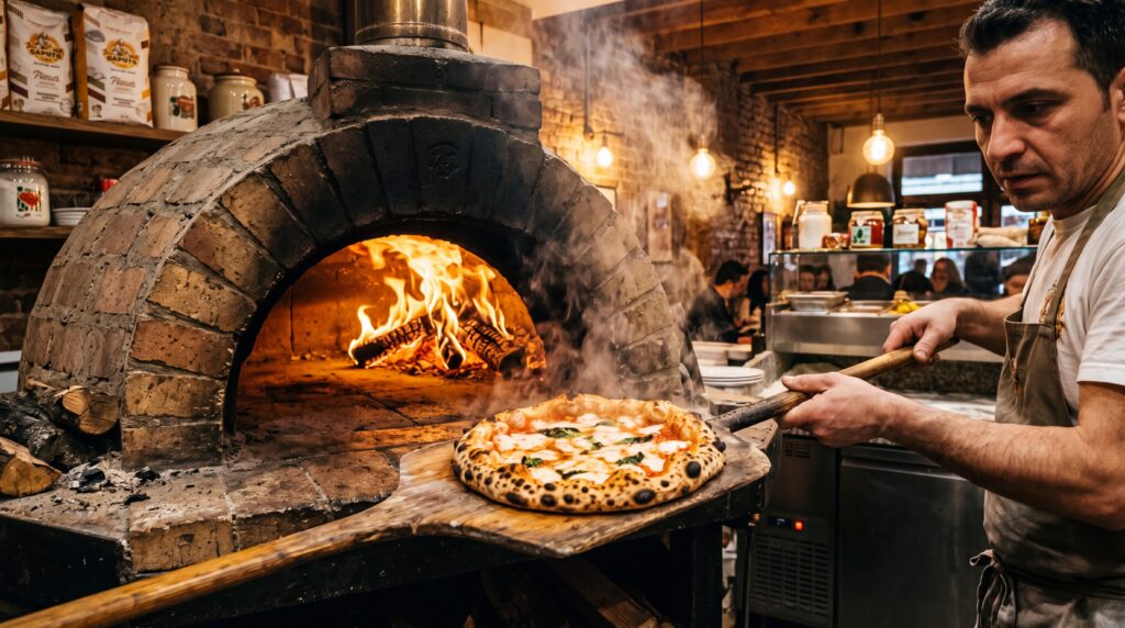 Traditional brick wood-fired pizza oven with flames