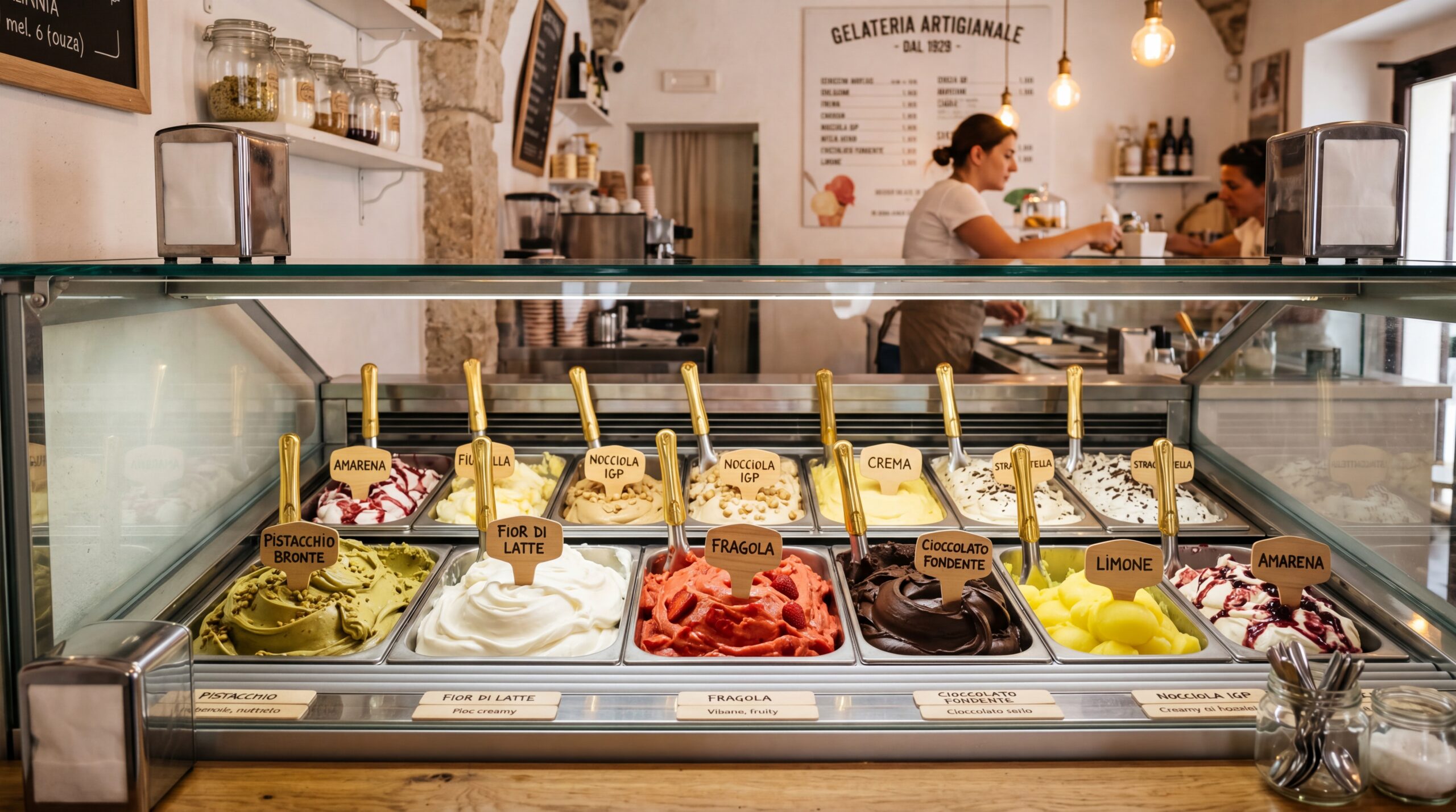 Various Italian gelato flavors in display case