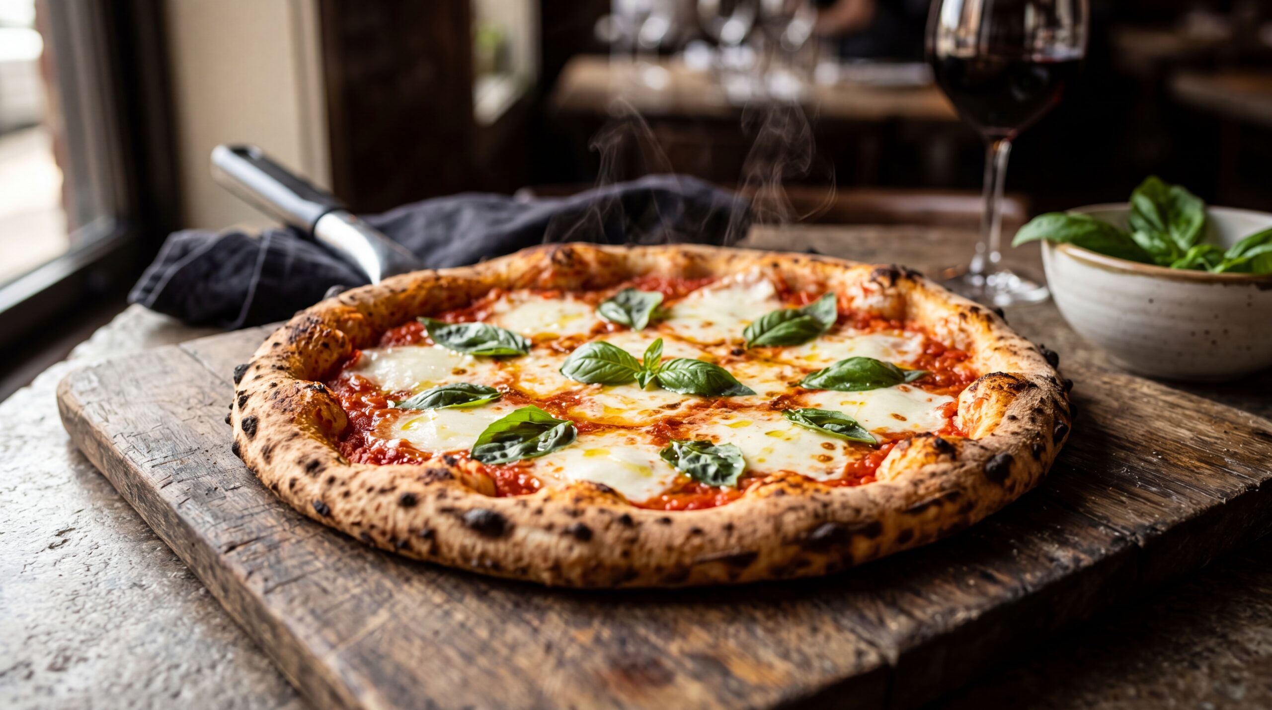 Stunning artisan margherita pizza with fresh basil on rustic wooden board
