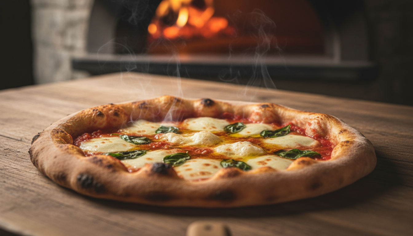 Freshly baked Neapolitan pizza from a wood-fired oven