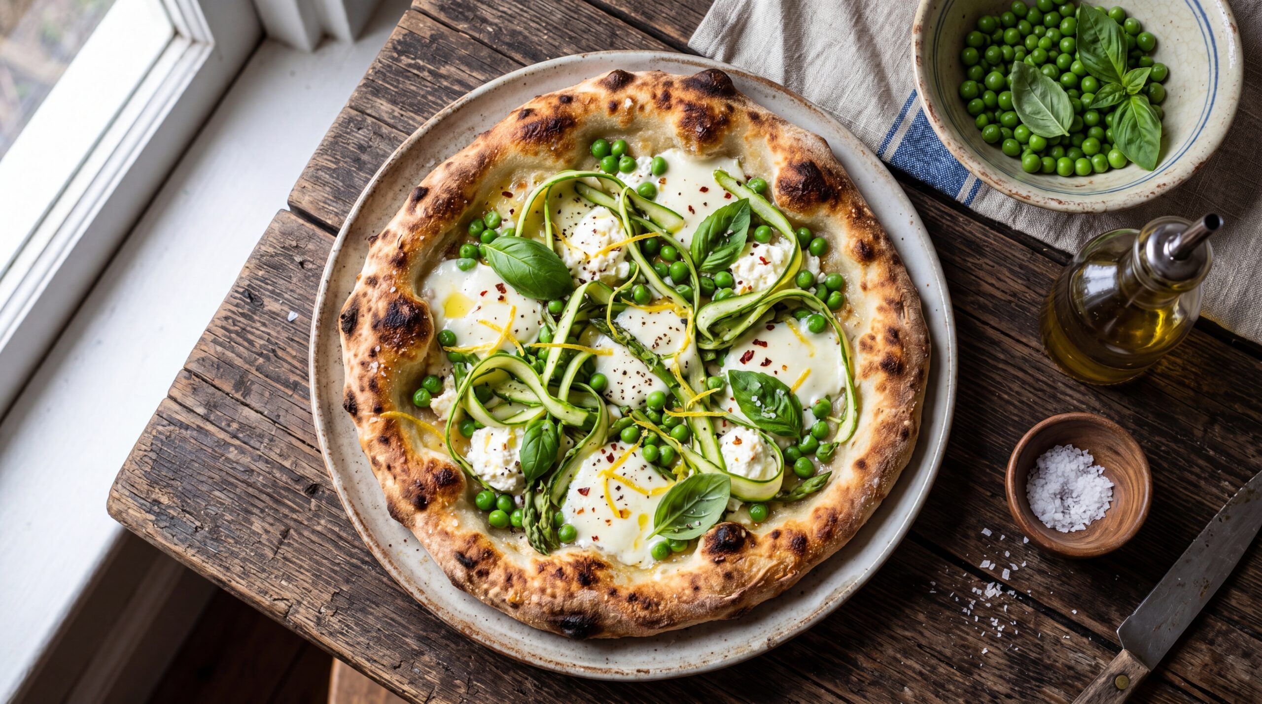 Artisan spring pizza with asparagus peas and mozzarella