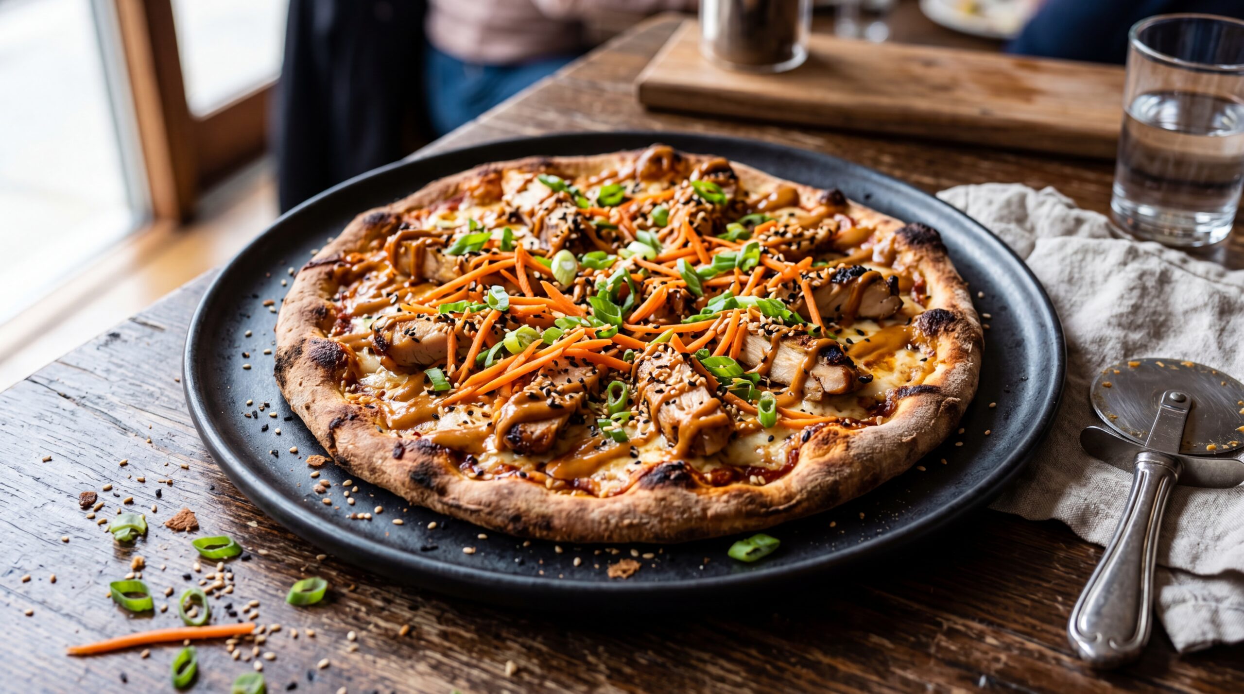 An Asian fusion pizza with grilled chicken and peanut sauce