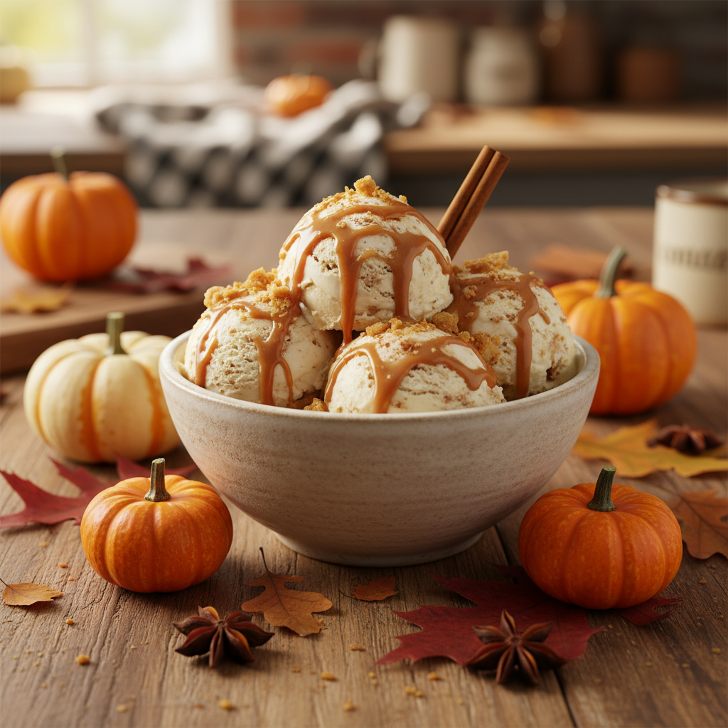 A bowl of cinnamon and maple ice cream with autumn decorations