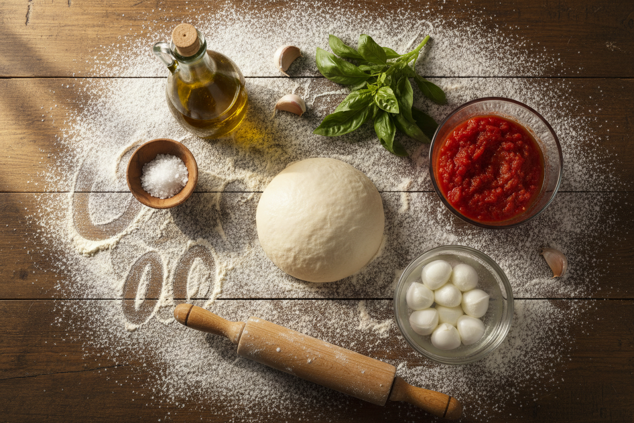 Overhead flat lay of pizza ingredients including dough ball, San Marzano tomatoes, mozzarella, basil, garlic, olive oil and 00 flour on a rustic wooden surface
