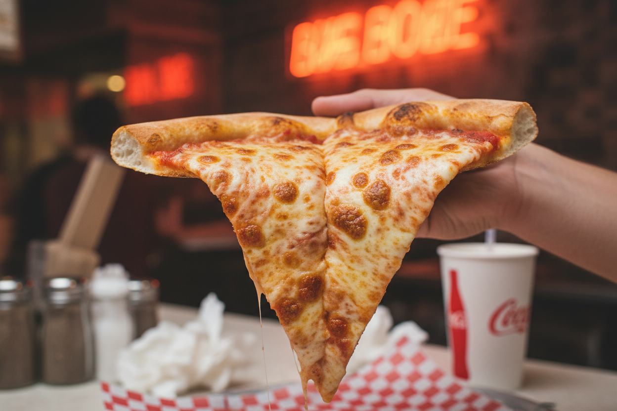 A large New York style cheese pizza slice being folded in half with visible cheese pull and golden foldable crust