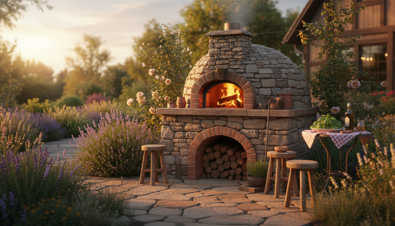 A rustic wood-fired pizza oven in a backyard at sunset