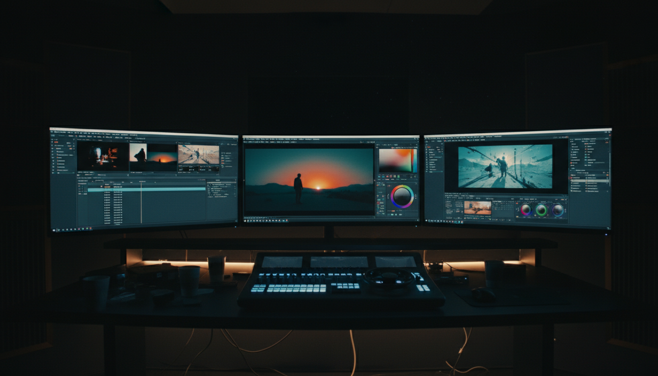 Professional color grading workstation with cinematic teal and orange color palette