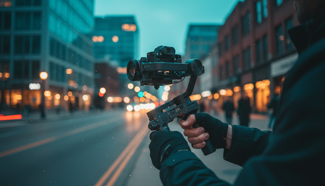 Filmmaker holding a 3-axis gimbal stabilizer with mirrorless camera
