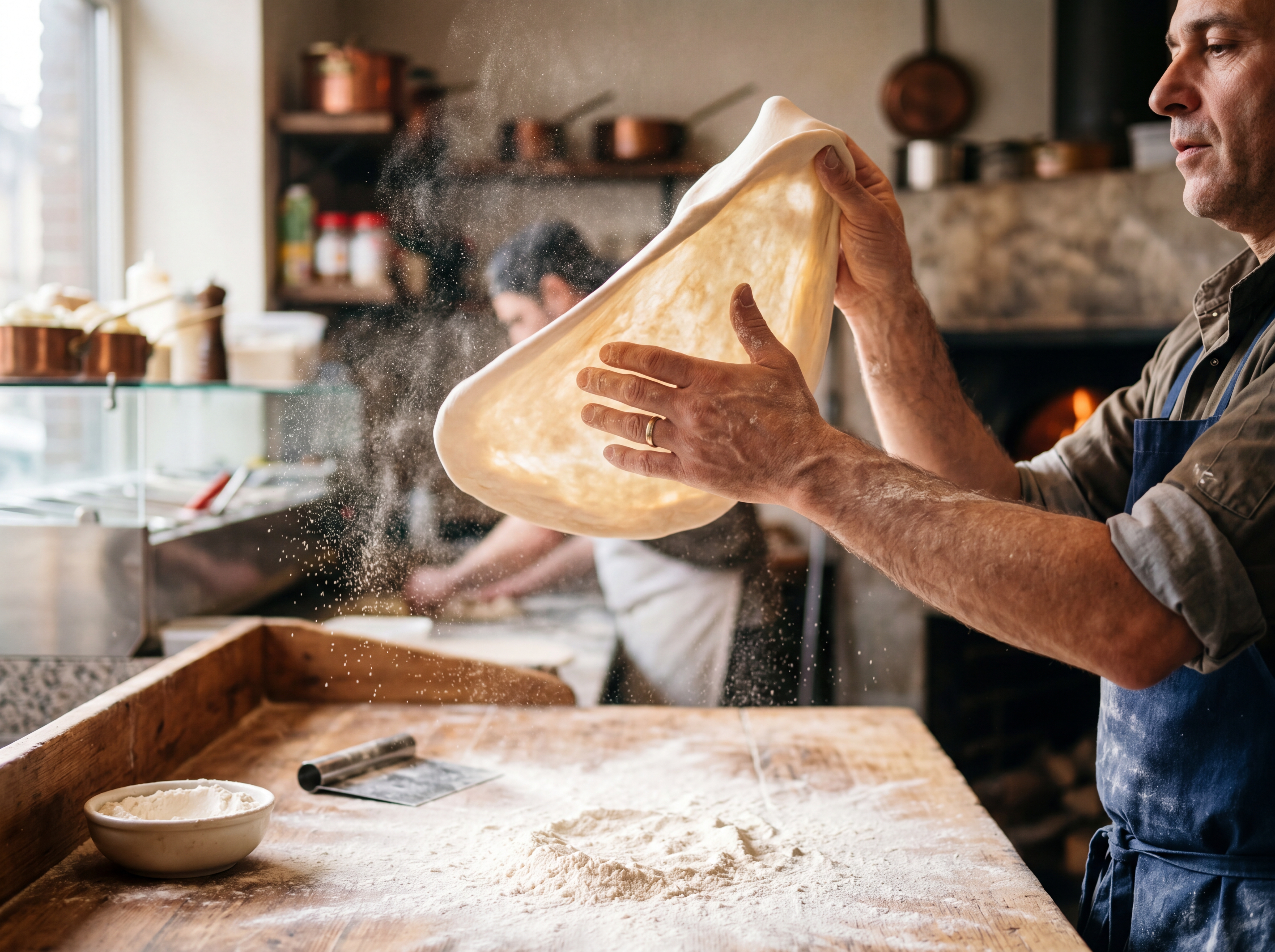 Hands skillfully stretching pizza dough in traditional Italian style