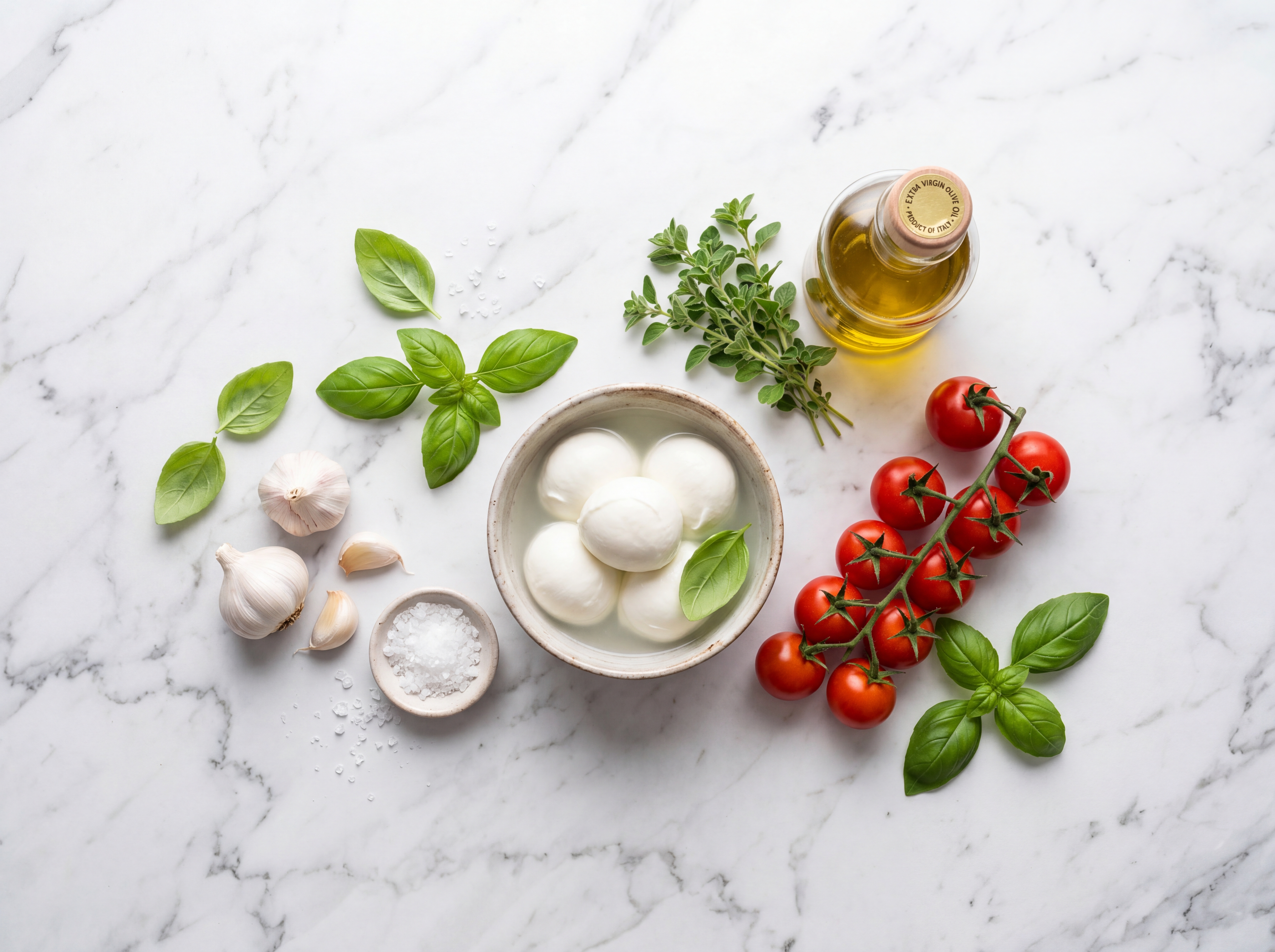 Fresh mozzarella, basil, tomatoes and Italian pizza ingredients