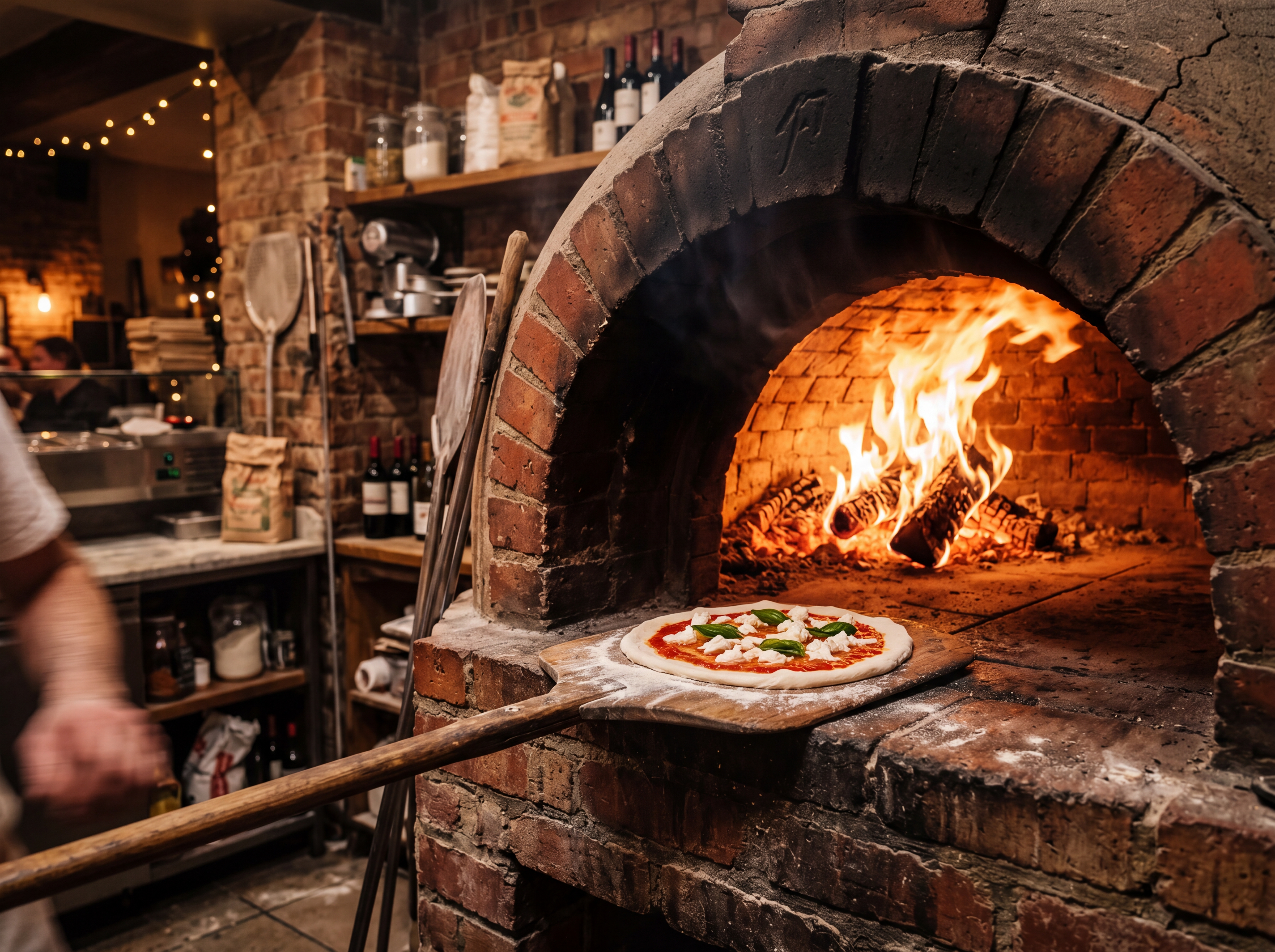 Traditional wood-fired brick pizza oven with flames