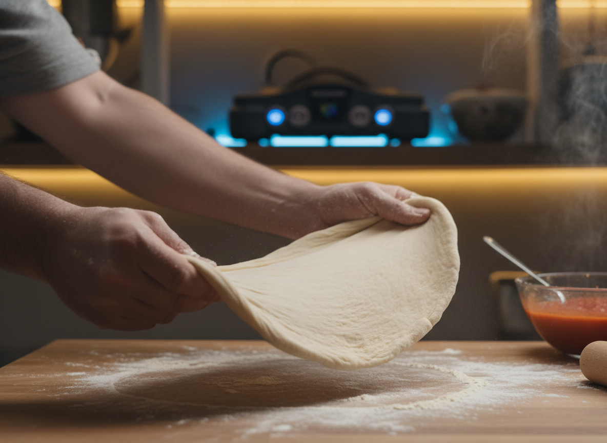 Pizza prep with retro console background