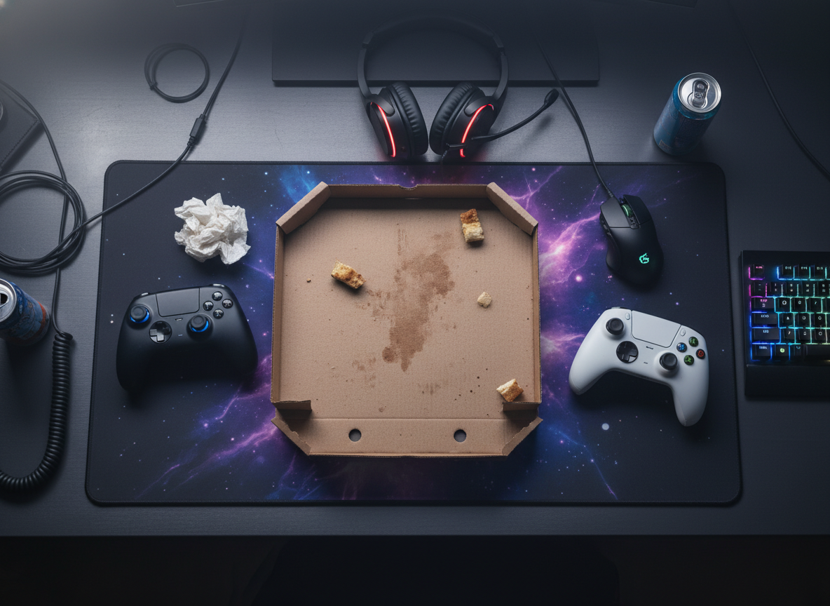 Gaming setup with pizza