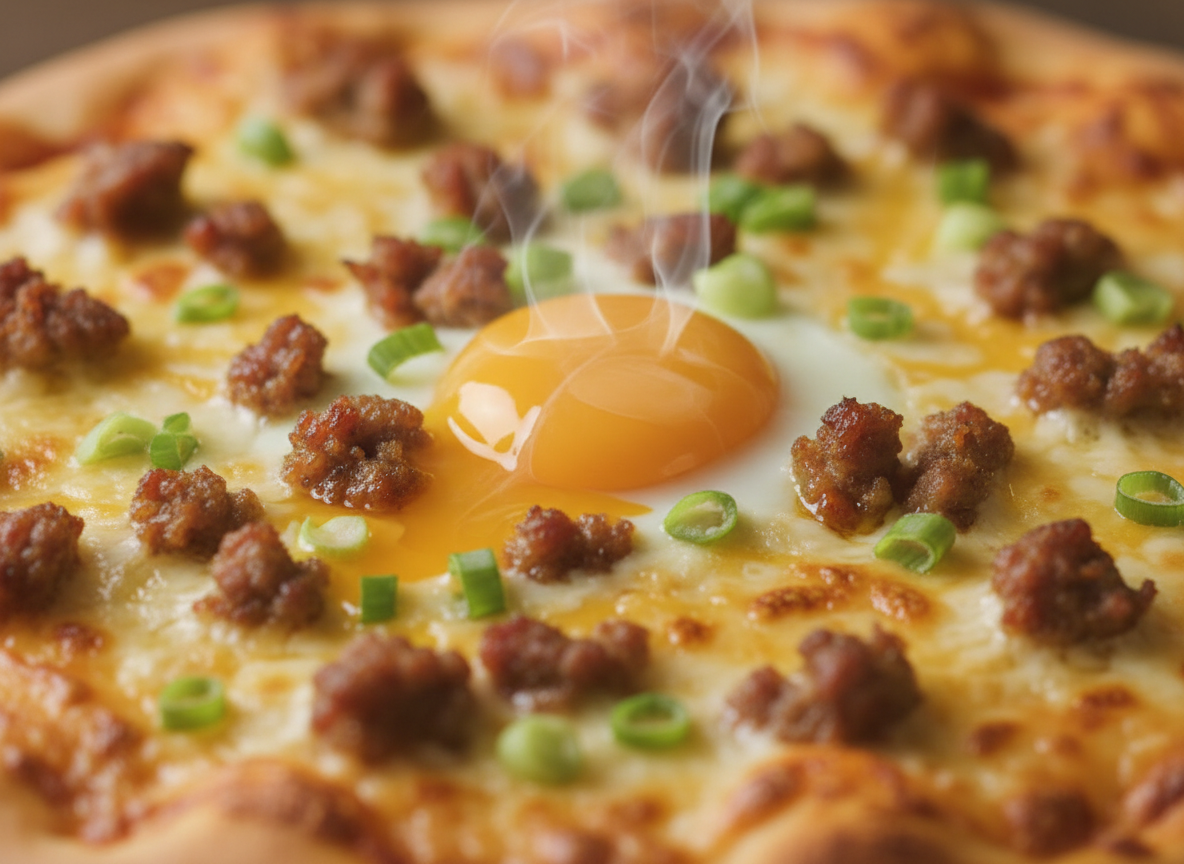 Close up of breakfast pizza toppings