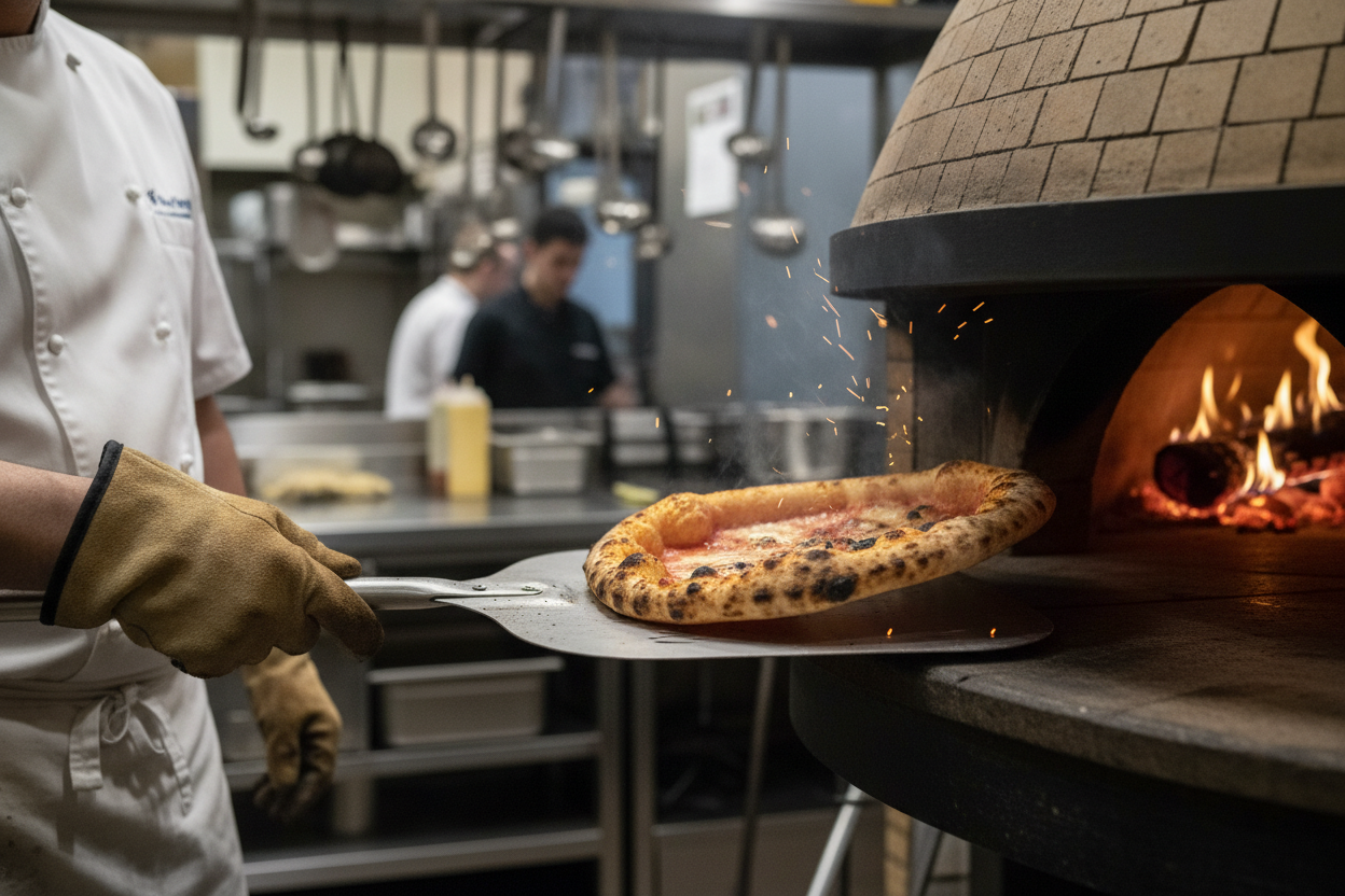 Chef checking the bottom of a pizza for leopard spotting.