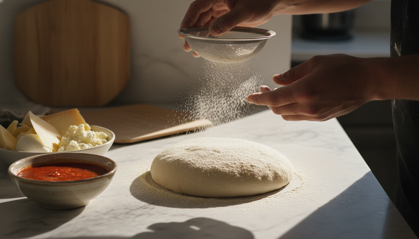 Chef hands dusting flour on pizza dough