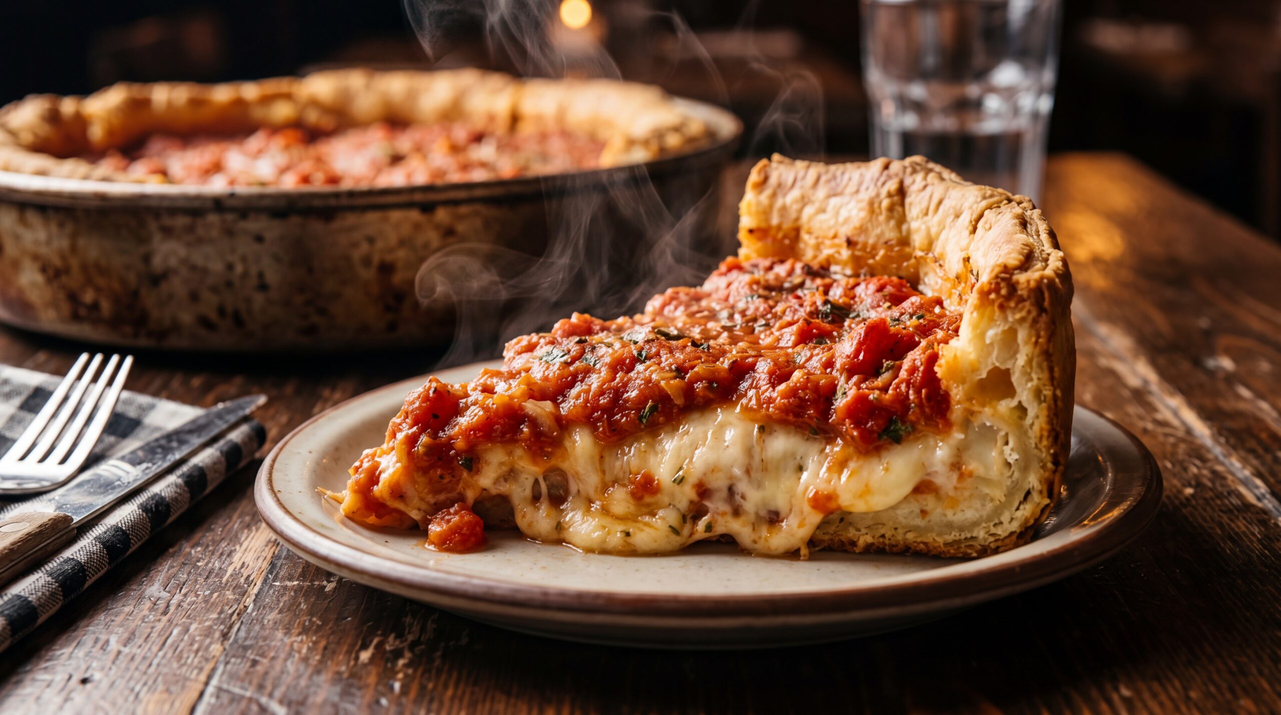 Chicago Deep Dish pizza with thick buttery crust and chunky sauce