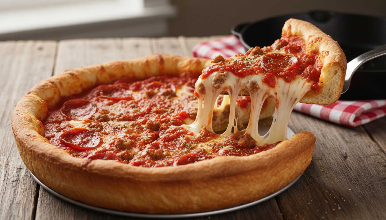 An appetizing Chicago-style deep dish pizza with a thick crust and chunky sauce.