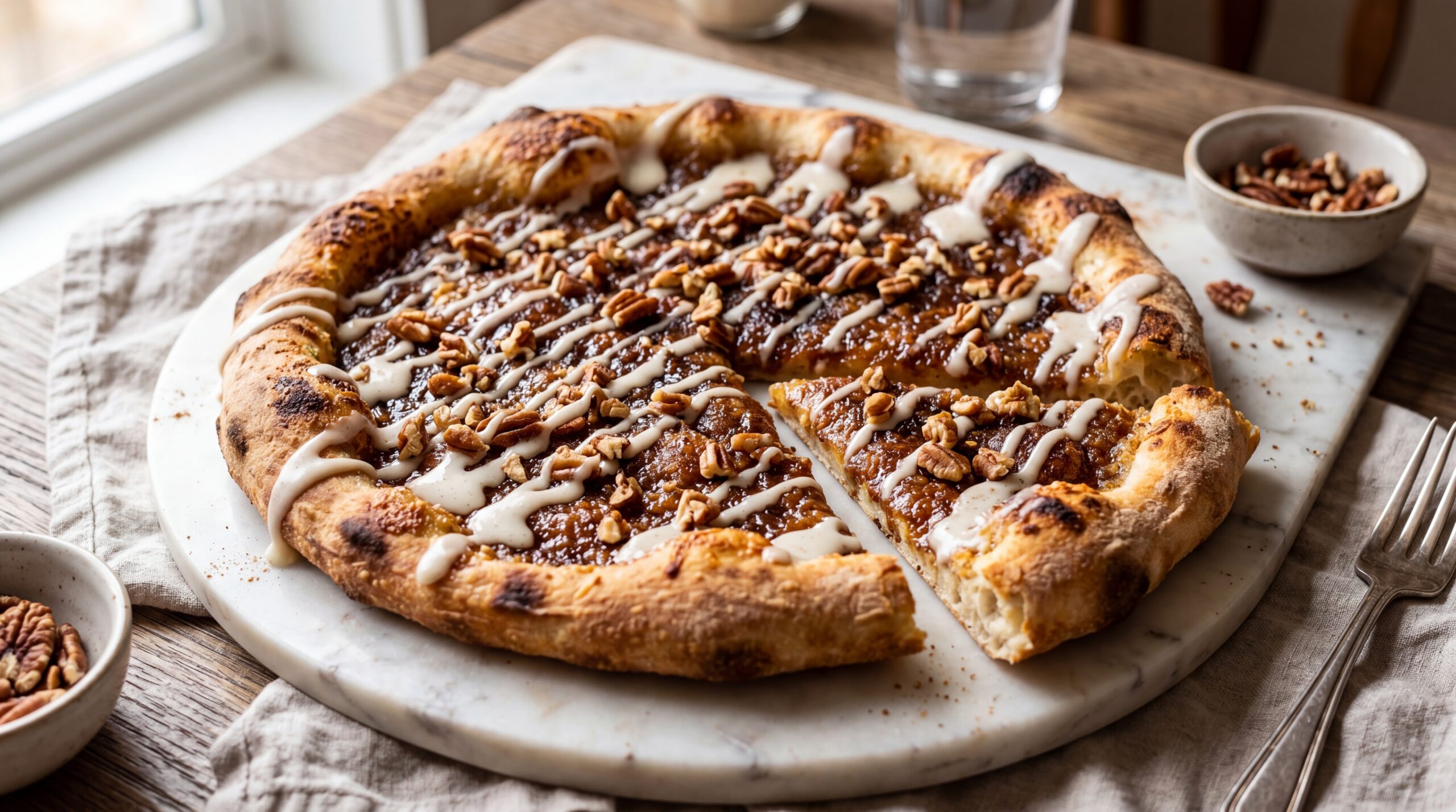 Cinnamon sugar dessert pizza with vanilla glaze