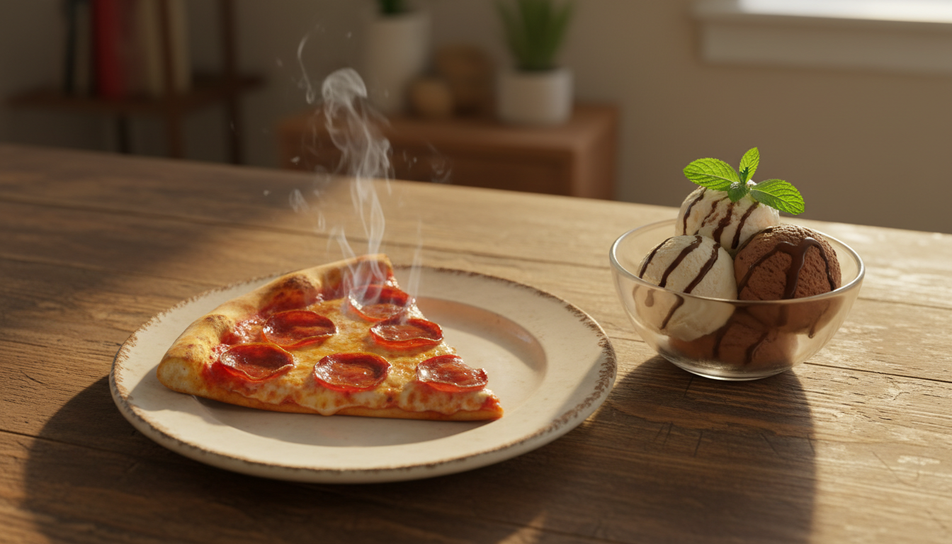 A cozy setting with a slice of pizza and a bowl of ice cream on a rustic table