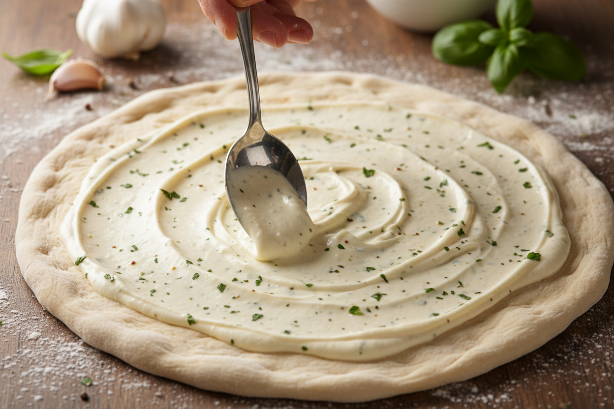 Creamy white garlic sauce being spread on pizza dough
