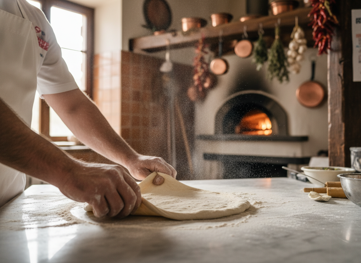 Dough being hand-stretched