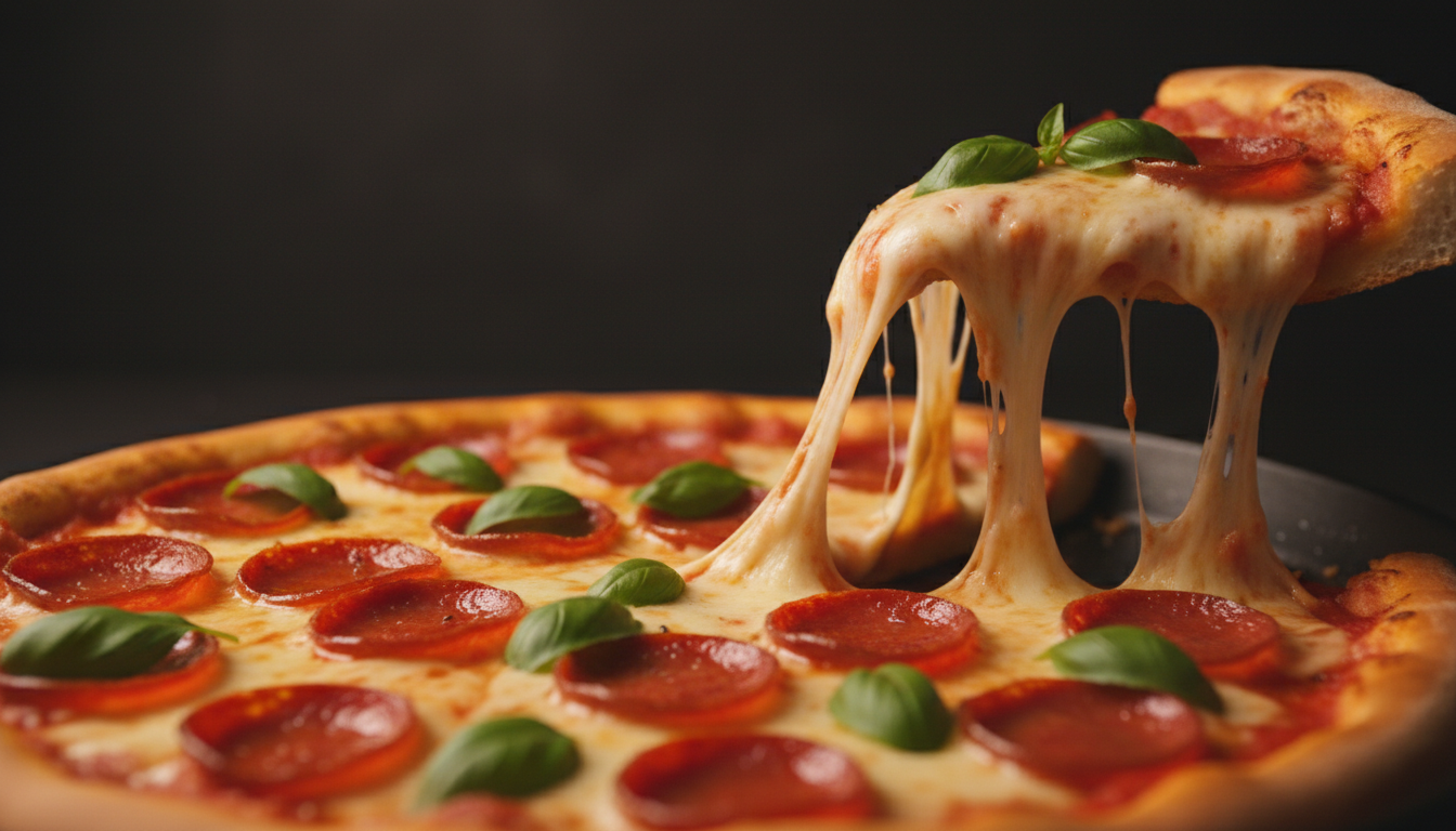 Dramatic cheese pull from a hot pizza slice