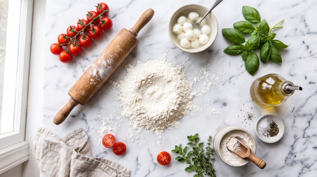 Fresh pizza ingredients including tomatoes, mozzarella, and basil