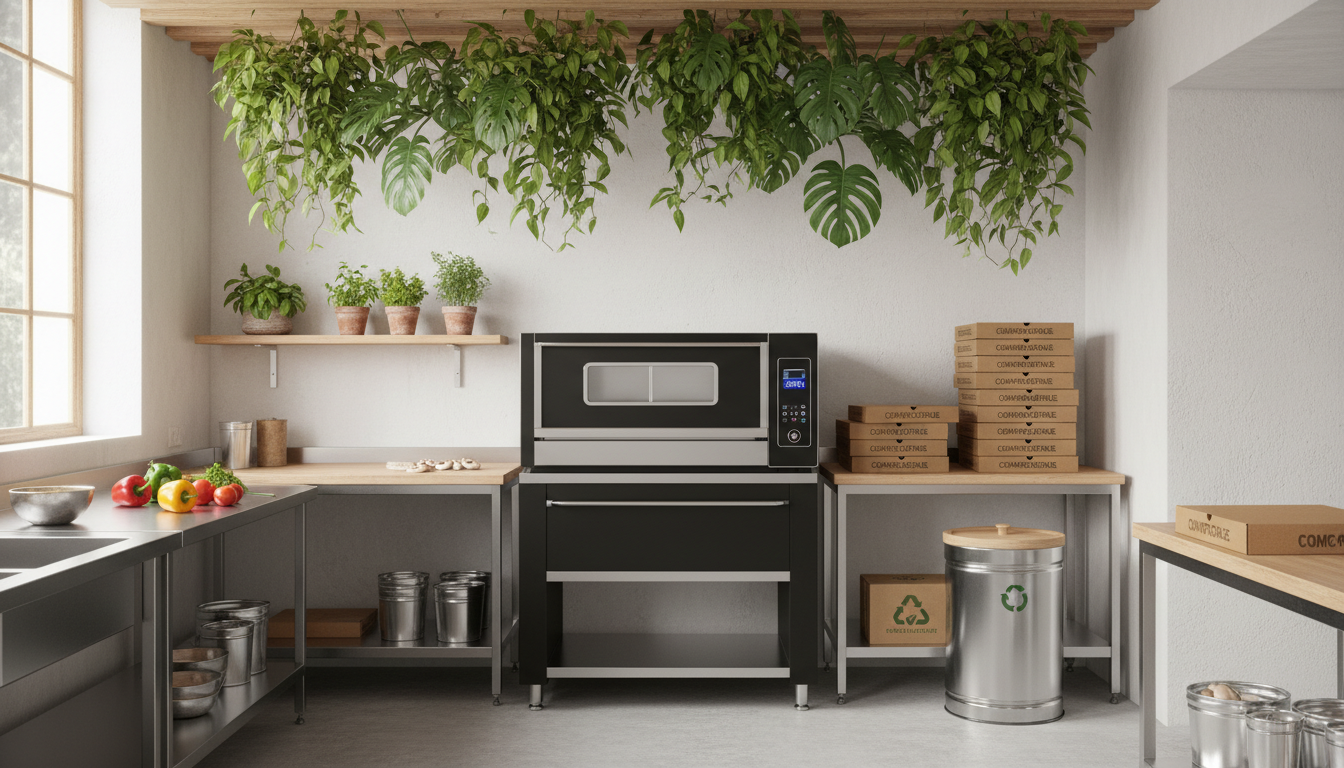 A modern, energy-efficient pizza kitchen featuring electric ovens and zero-waste packaging solutions.