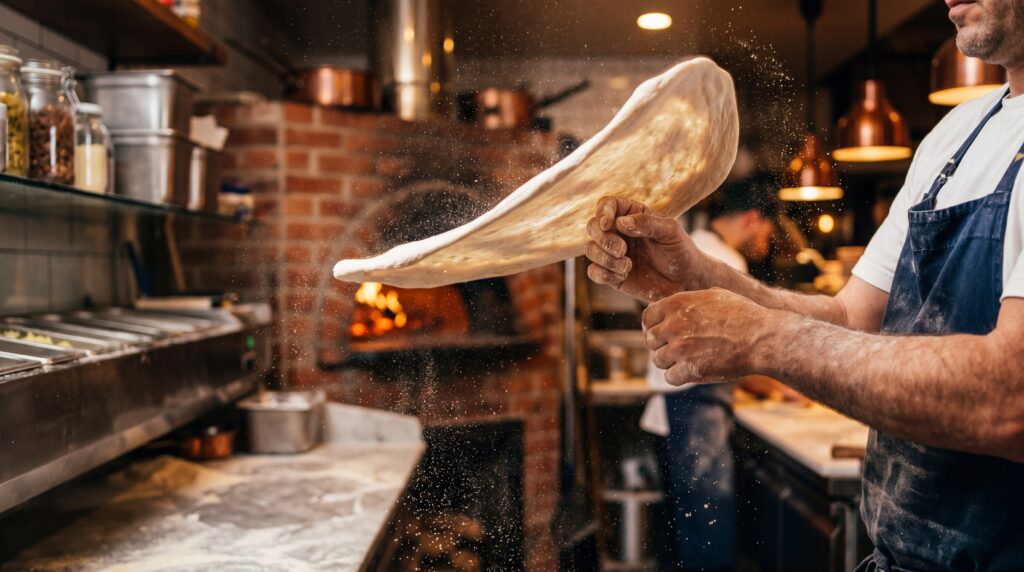 Pizza chef hands stretching fresh dough