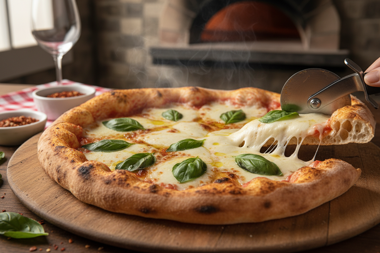 Finished gourmet pizza slice